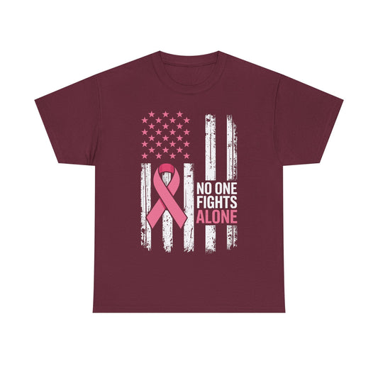 No One Fights Breast Cancer Alone American Flag Pink Ribbon T-Shirt