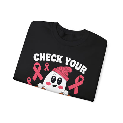 Breast Cancer Halloween Boo Ghost Check Your Pumpkins Womens Sweatshirt