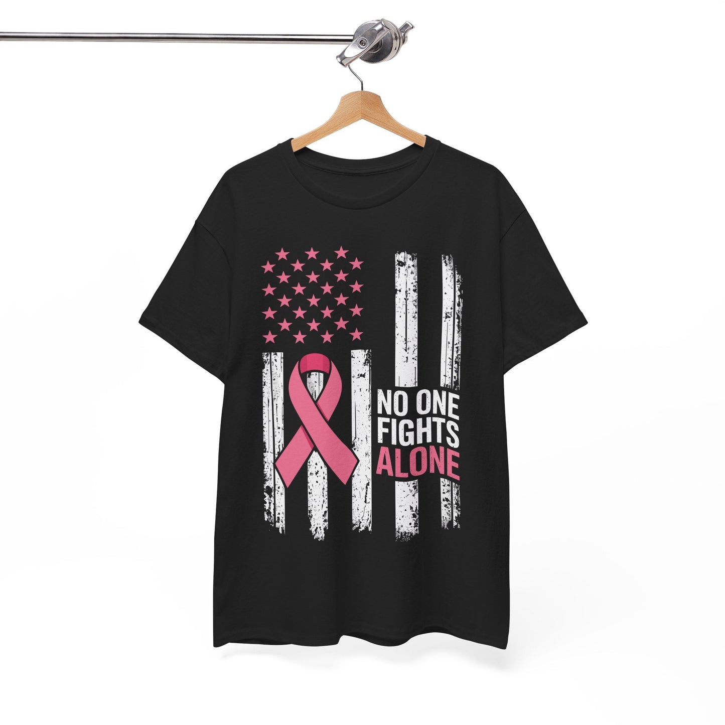 No One Fights Breast Cancer Alone American Flag Pink Ribbon T-Shirt