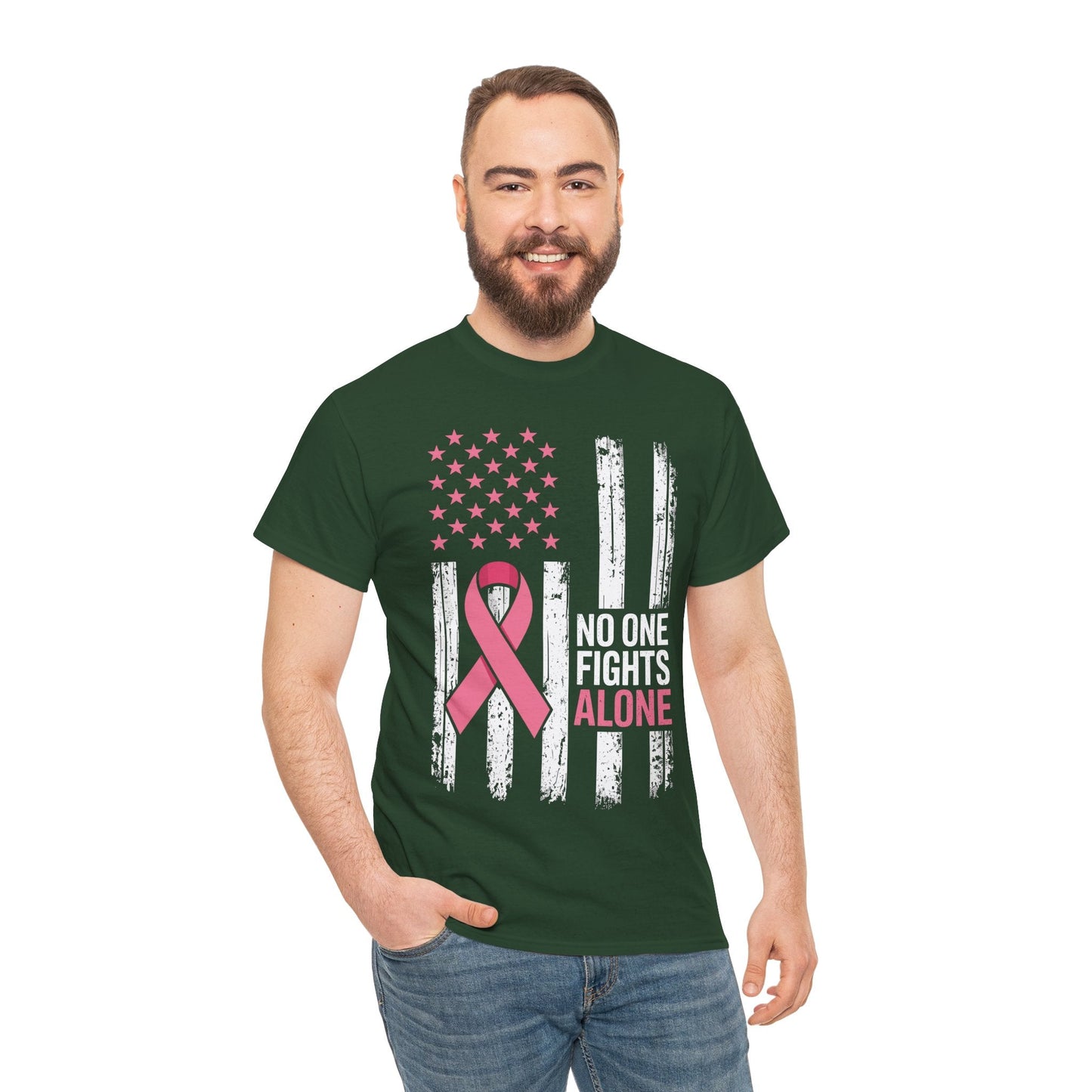 No One Fights Breast Cancer Alone American Flag Pink Ribbon T-Shirt