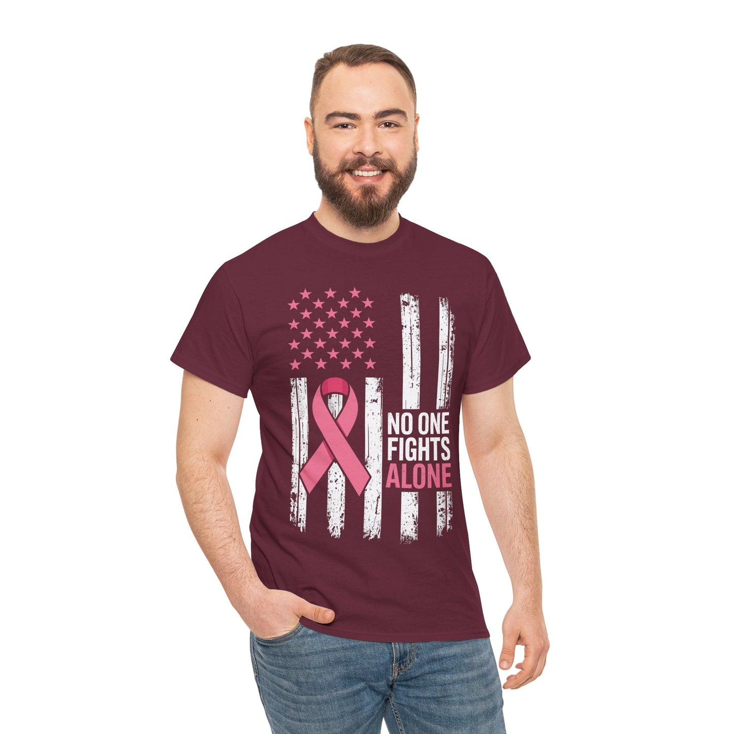 No One Fights Breast Cancer Alone American Flag Pink Ribbon T-Shirt