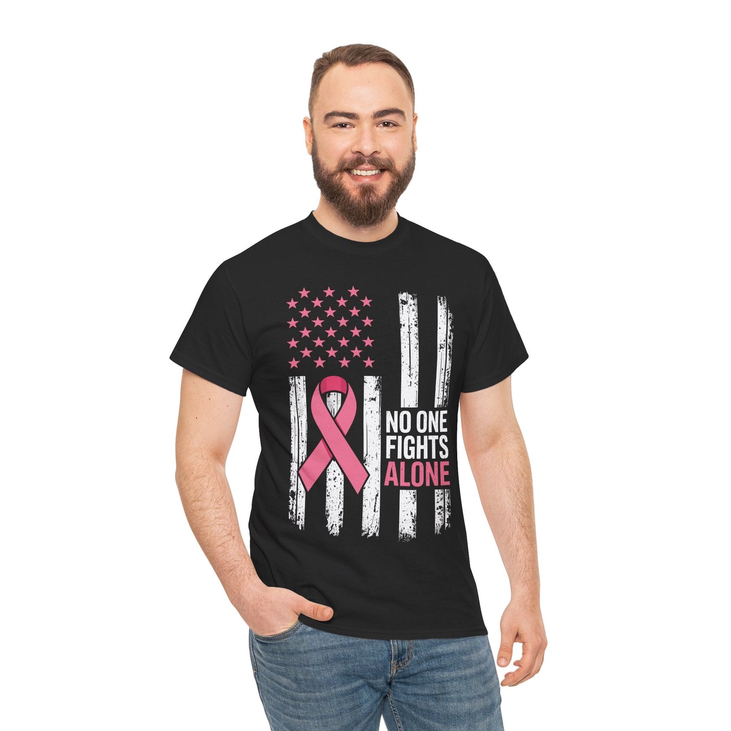 No One Fights Breast Cancer Alone American Flag Pink Ribbon T-Shirt