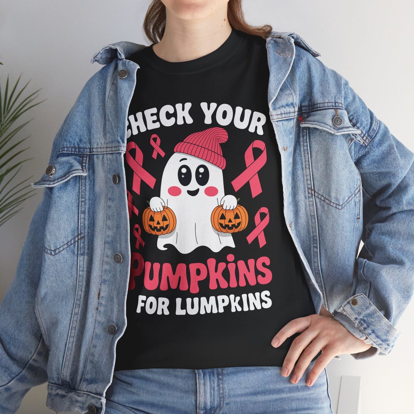 Breast Cancer Halloween Boo Ghost Check Your Pumpkins Womens T-Shirt
