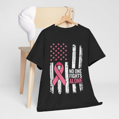 No One Fights Breast Cancer Alone American Flag Pink Ribbon T-Shirt
