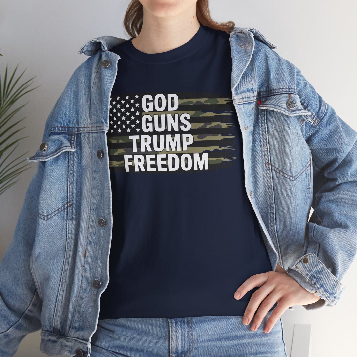 God Guns Trump Freedom Funny Camouflage Pro Gun USA Flag T-Shirt