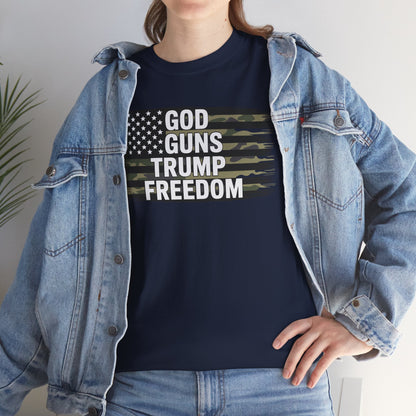 God Guns Trump Freedom Funny Camouflage Pro Gun USA Flag T-Shirt