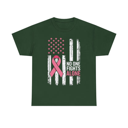 No One Fights Breast Cancer Alone American Flag Pink Ribbon T-Shirt
