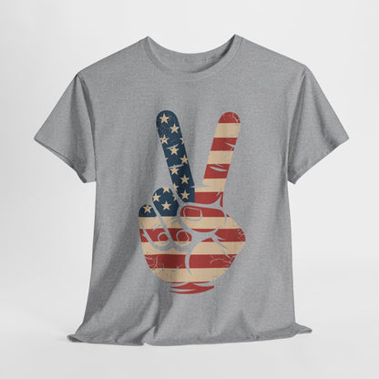 USA Flag Peace Sign Hand 4th of July Patriotic Men Boys T-Shirt