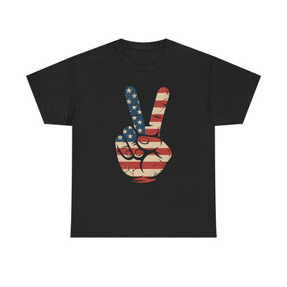 USA Flag Peace Sign Hand 4th of July Patriotic Men Boys T-Shirt