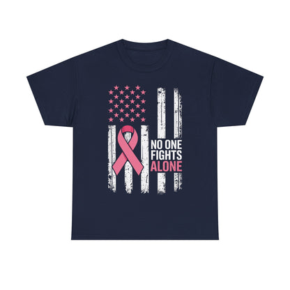 No One Fights Breast Cancer Alone American Flag Pink Ribbon T-Shirt