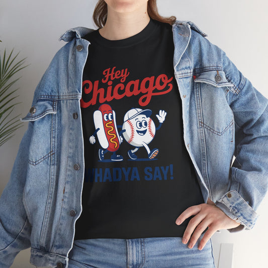 Hey Chicago Whadya Say Baseball and Hot Dog 4th of July Men Women T-Shirt