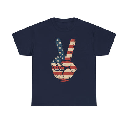 USA Flag Peace Sign Hand 4th of July Patriotic Men Boys T-Shirt