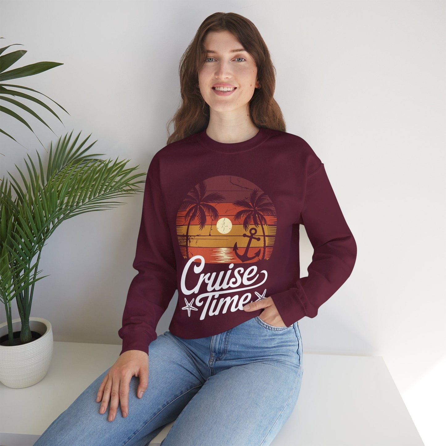 On Cruise Time Coconut Tree Graphic Summer Vacation Cruising Sweatshirt