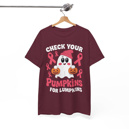 Breast Cancer Halloween Boo Ghost Check Your Pumpkins Womens T-Shirt