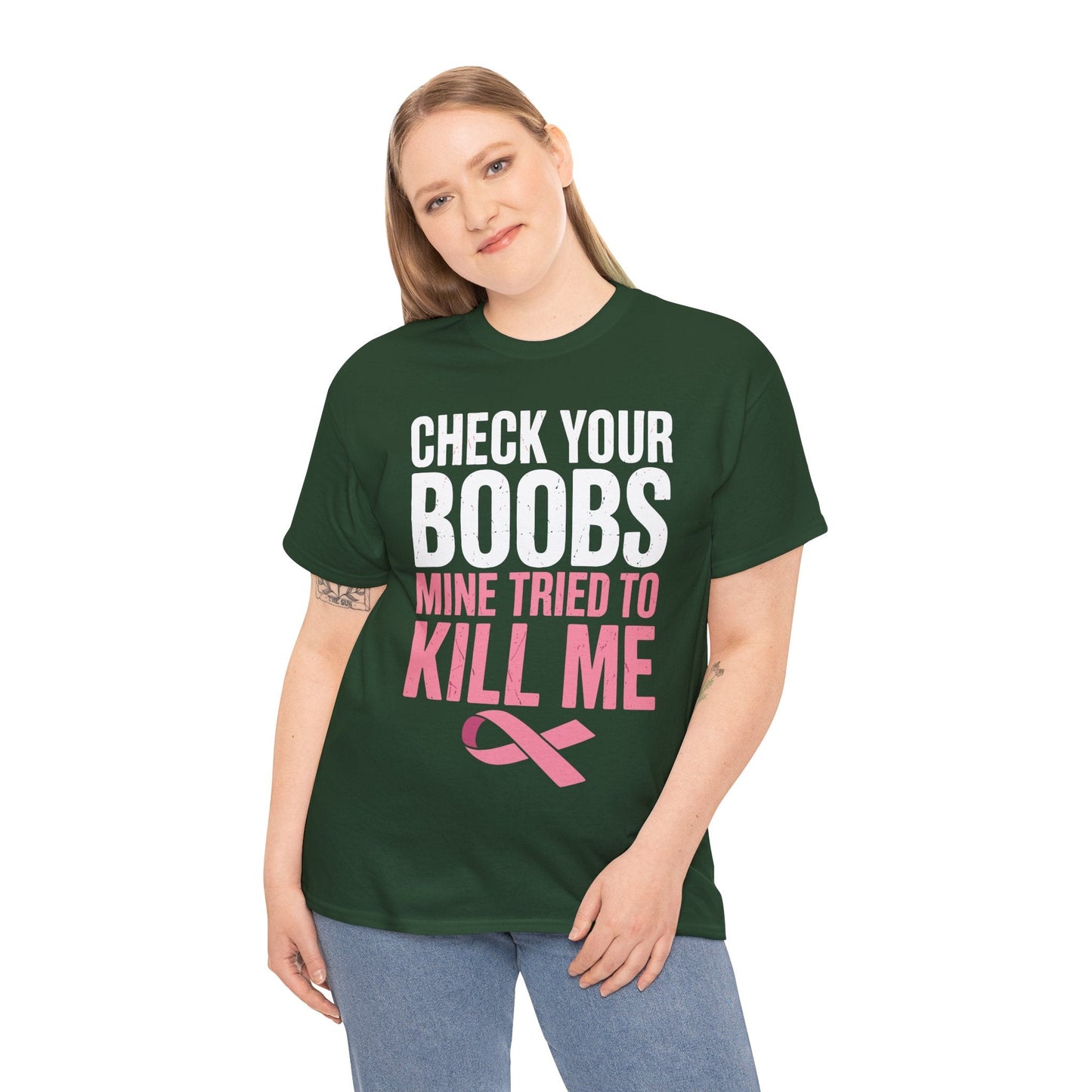 Check Your Boobs Mine Tried To Kill Me Funny Breast Cancer T-Shirt