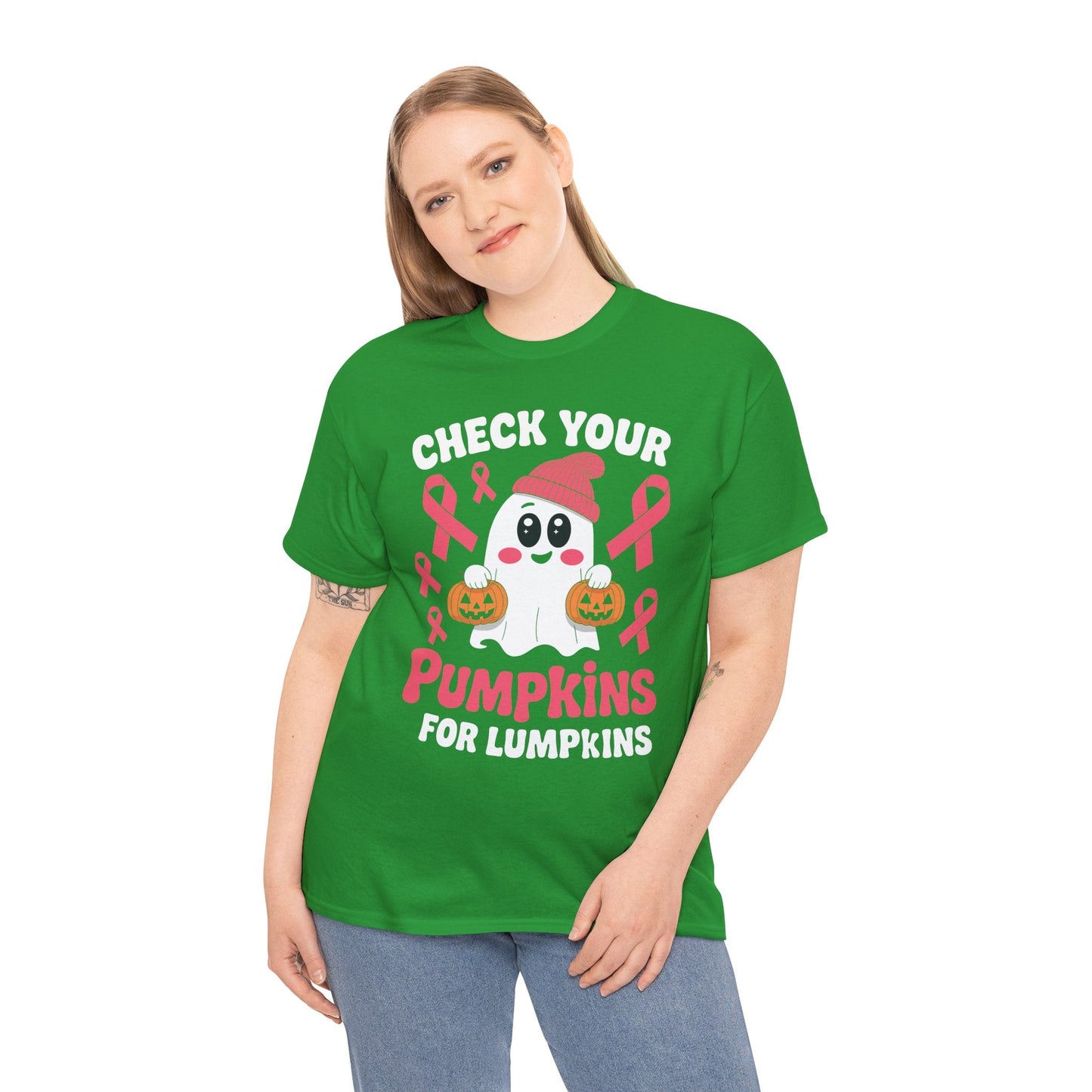 Breast Cancer Halloween Boo Ghost Check Your Pumpkins Womens T-Shirt
