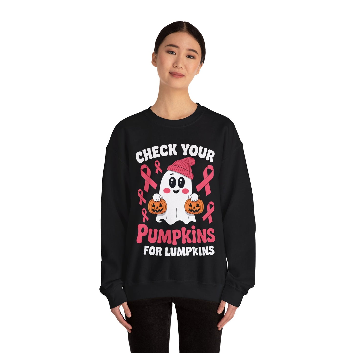 Breast Cancer Halloween Boo Ghost Check Your Pumpkins Womens Sweatshirt