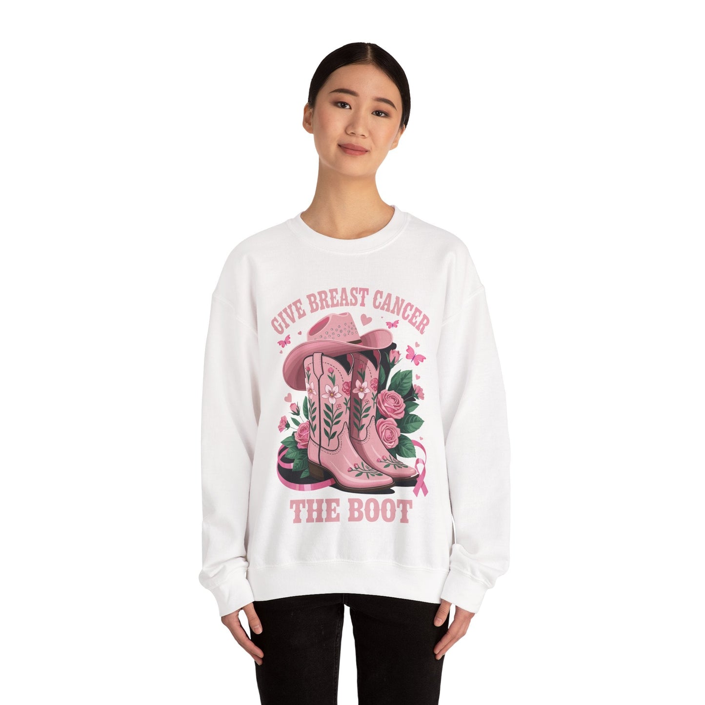 Give Breast Cancer The Boot Cowgirl Cancer Awareness Ribbon Sweatshirt
