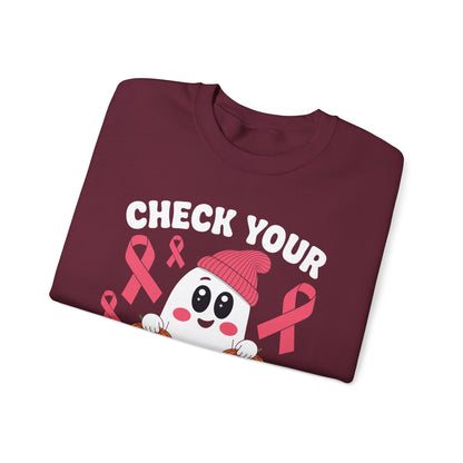 Breast Cancer Halloween Boo Ghost Check Your Pumpkins Womens Sweatshirt