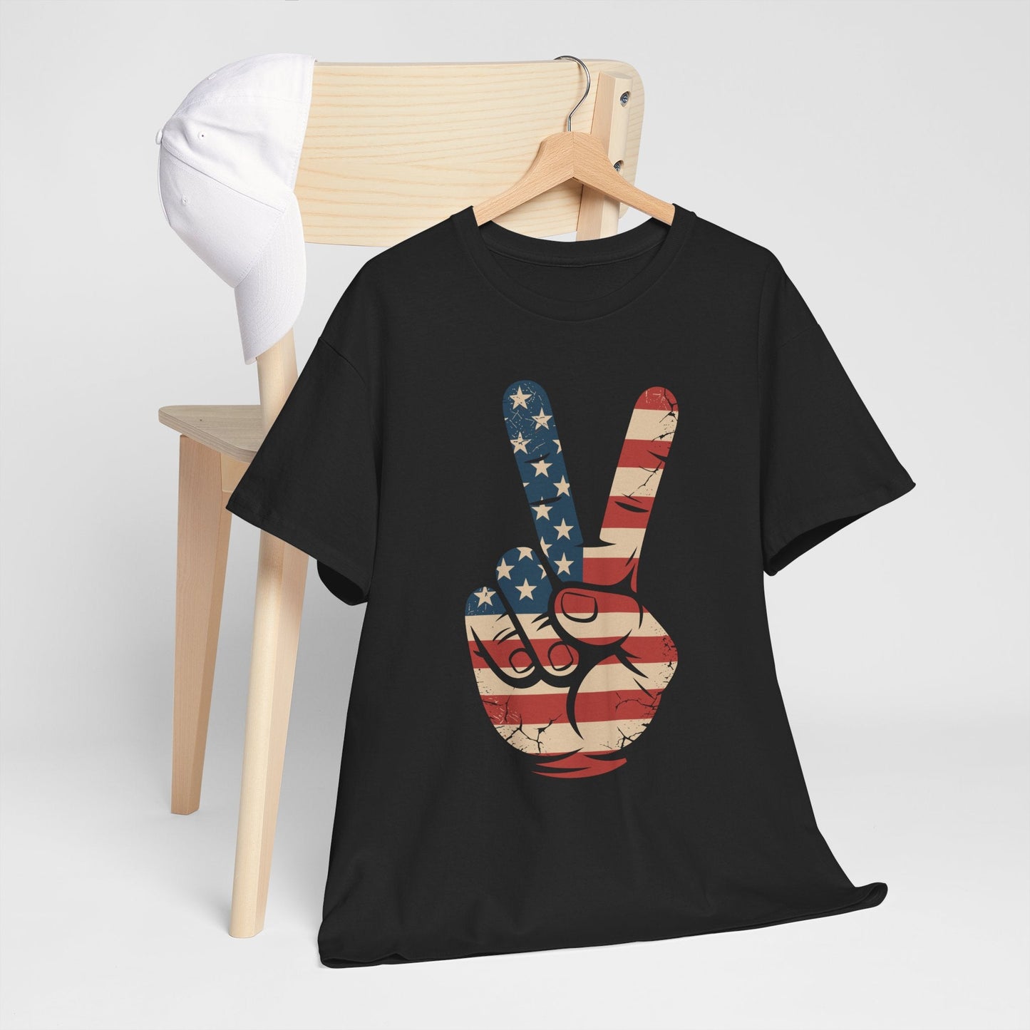 USA Flag Peace Sign Hand 4th of July Patriotic Men Boys T-Shirt