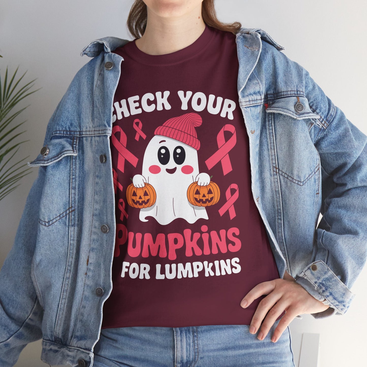 Breast Cancer Halloween Boo Ghost Check Your Pumpkins Womens T-Shirt