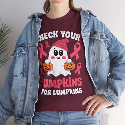 Breast Cancer Halloween Boo Ghost Check Your Pumpkins Womens T-Shirt