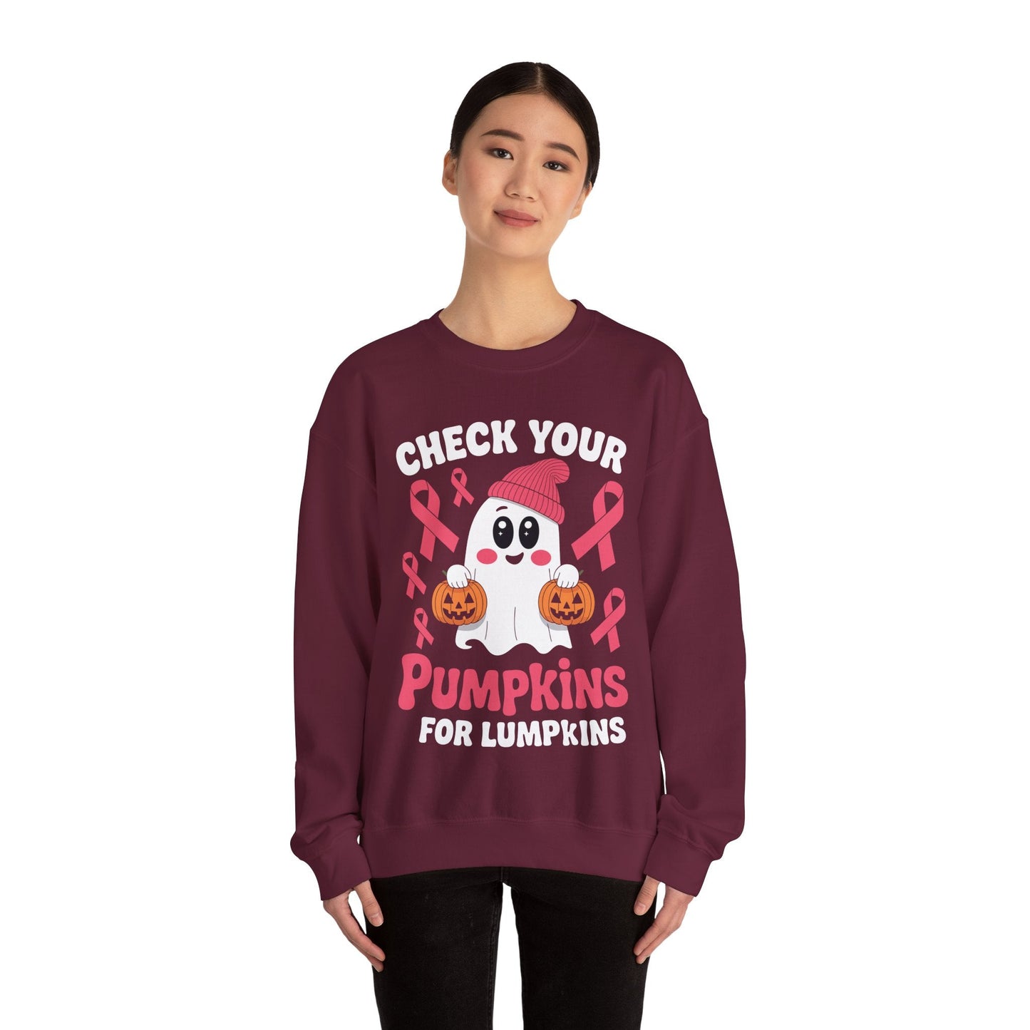 Breast Cancer Halloween Boo Ghost Check Your Pumpkins Womens Sweatshirt