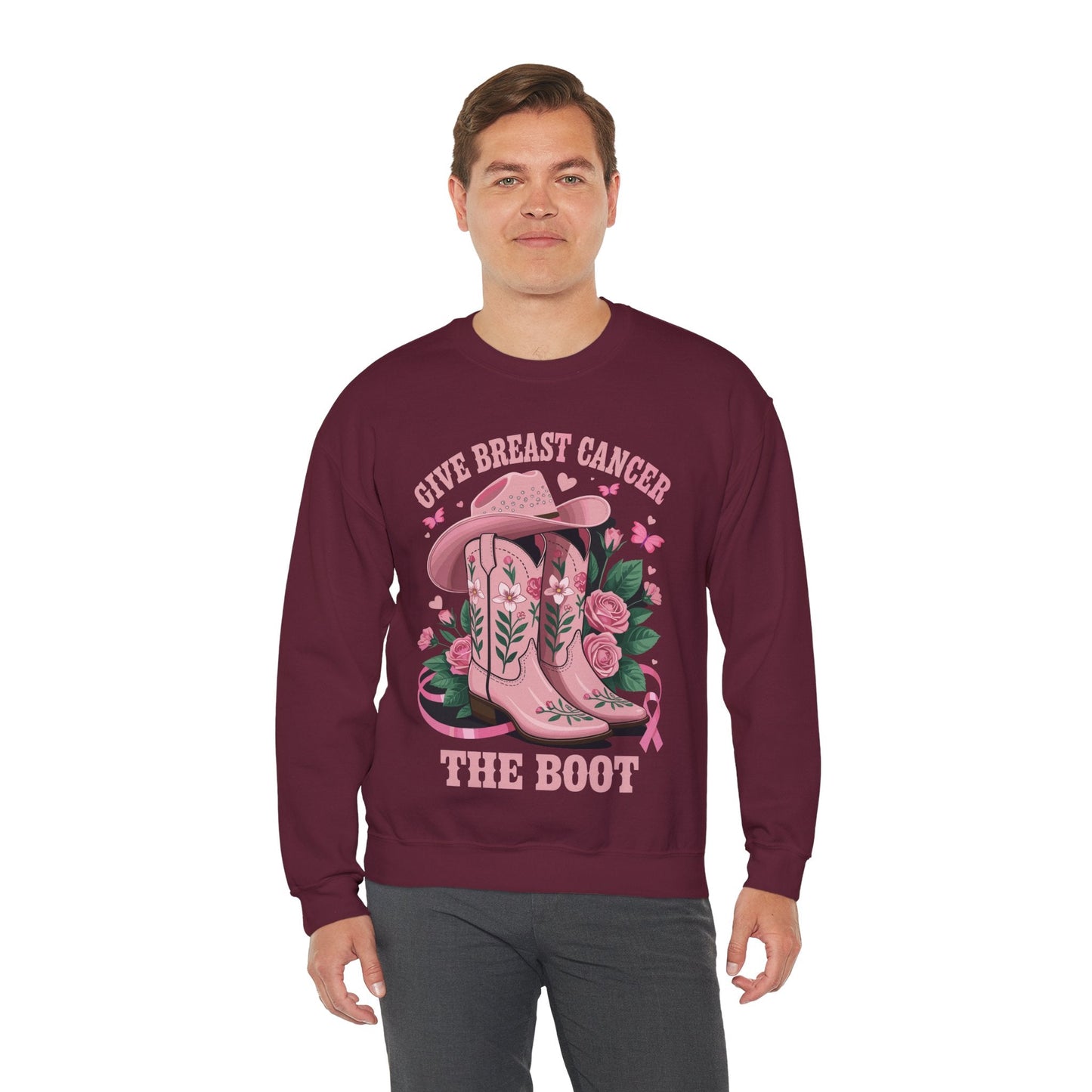 Give Breast Cancer The Boot Cowgirl Cancer Awareness Ribbon Sweatshirt