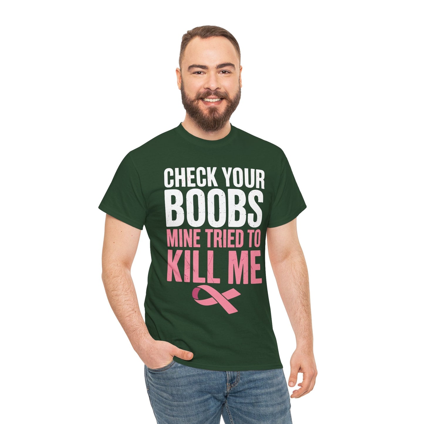 Check Your Boobs Mine Tried To Kill Me Funny Breast Cancer T-Shirt