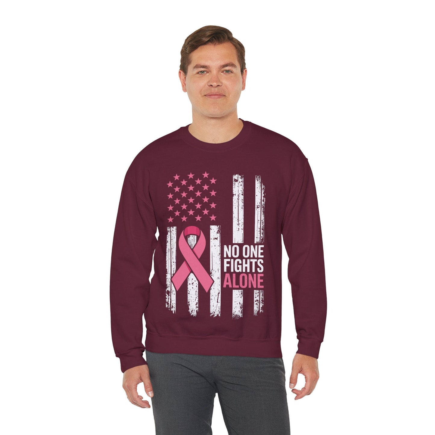 No One Fights Breast Cancer Alone American Flag Pink Ribbon Sweatshirt