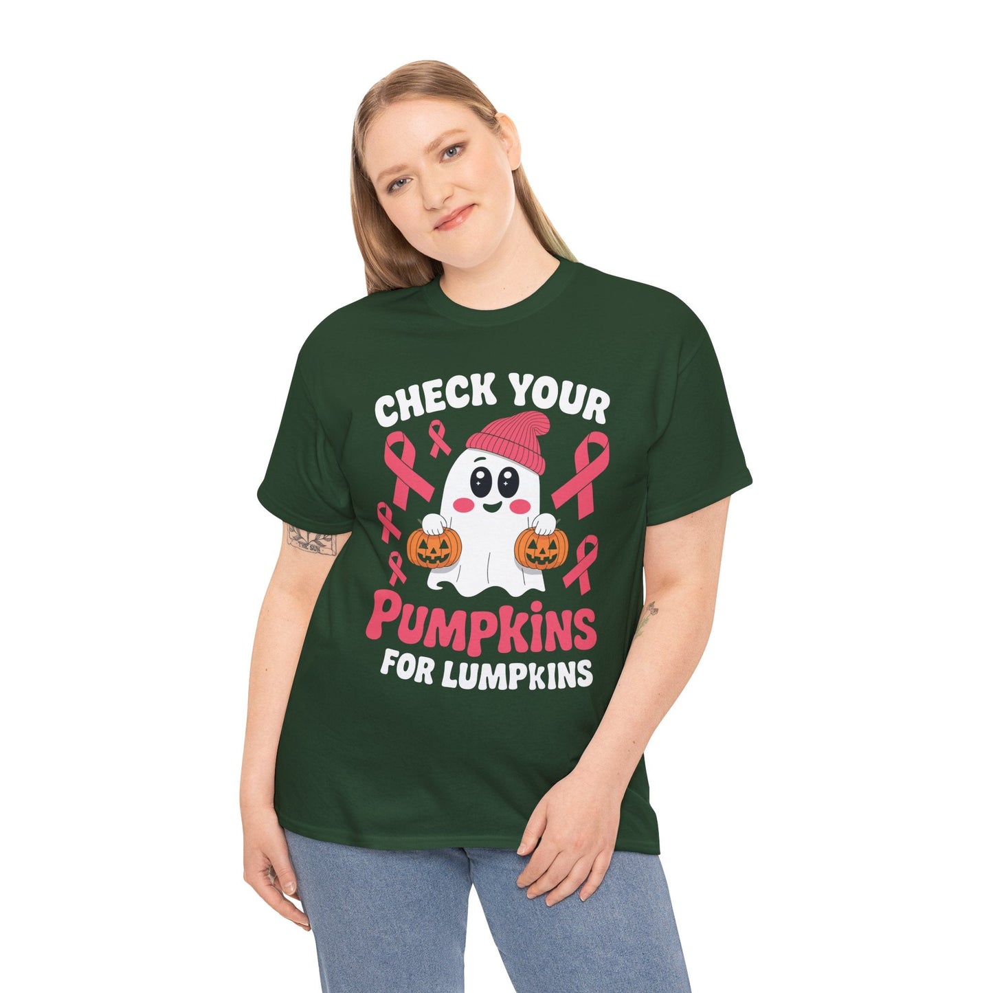 Breast Cancer Halloween Boo Ghost Check Your Pumpkins Womens T-Shirt