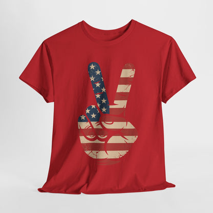 USA Flag Peace Sign Hand 4th of July Patriotic Men Boys T-Shirt
