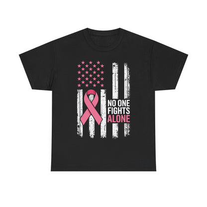 No One Fights Breast Cancer Alone American Flag Pink Ribbon T-Shirt