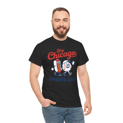 Hey Chicago Whadya Say Baseball and Hot Dog 4th of July Men Women T-Shirt
