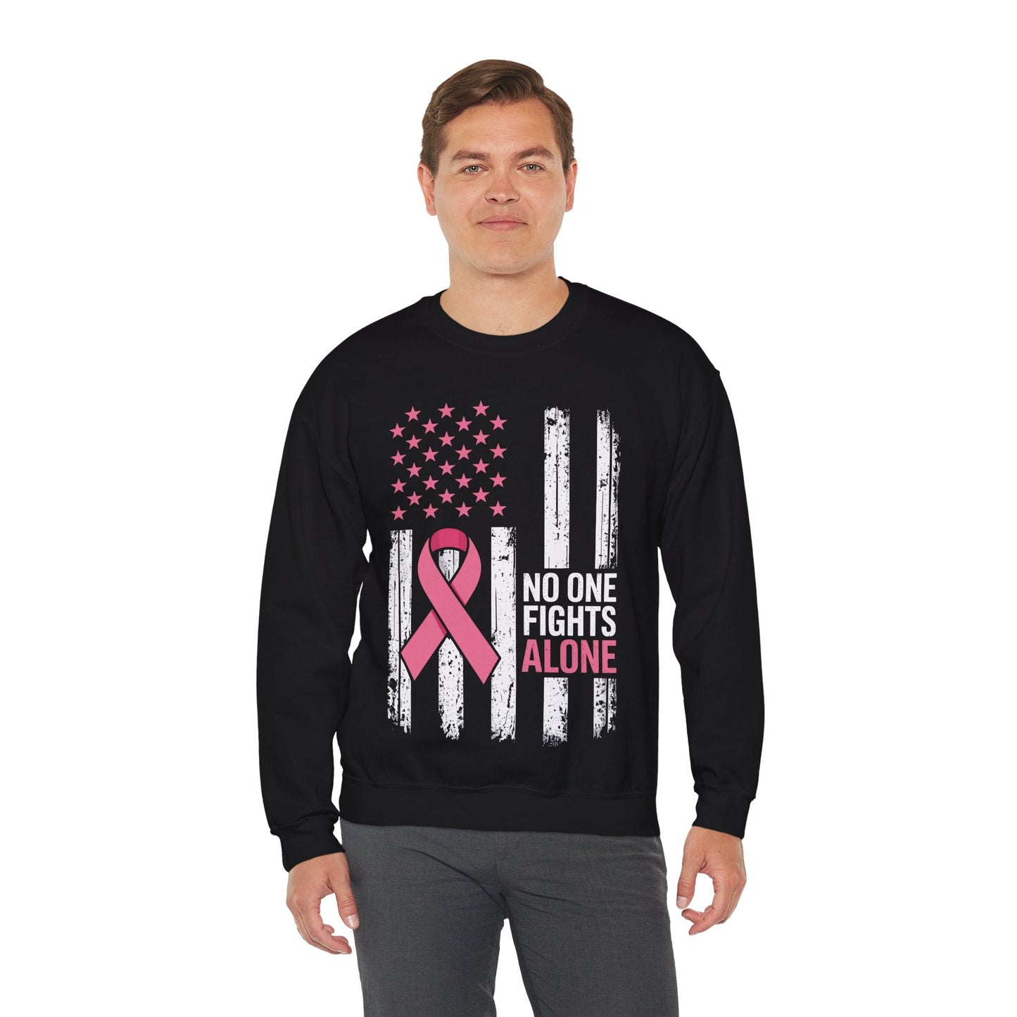 No One Fights Breast Cancer Alone American Flag Pink Ribbon Sweatshirt