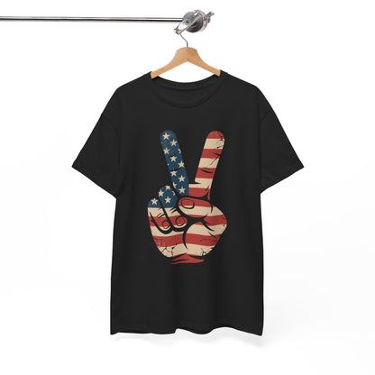 USA Flag Peace Sign Hand 4th of July Patriotic Men Boys T-Shirt