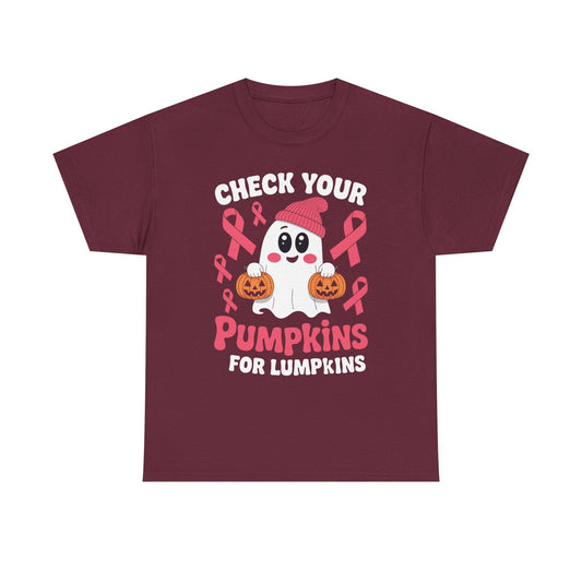 Breast Cancer Halloween Boo Ghost Check Your Pumpkins Womens T-Shirt