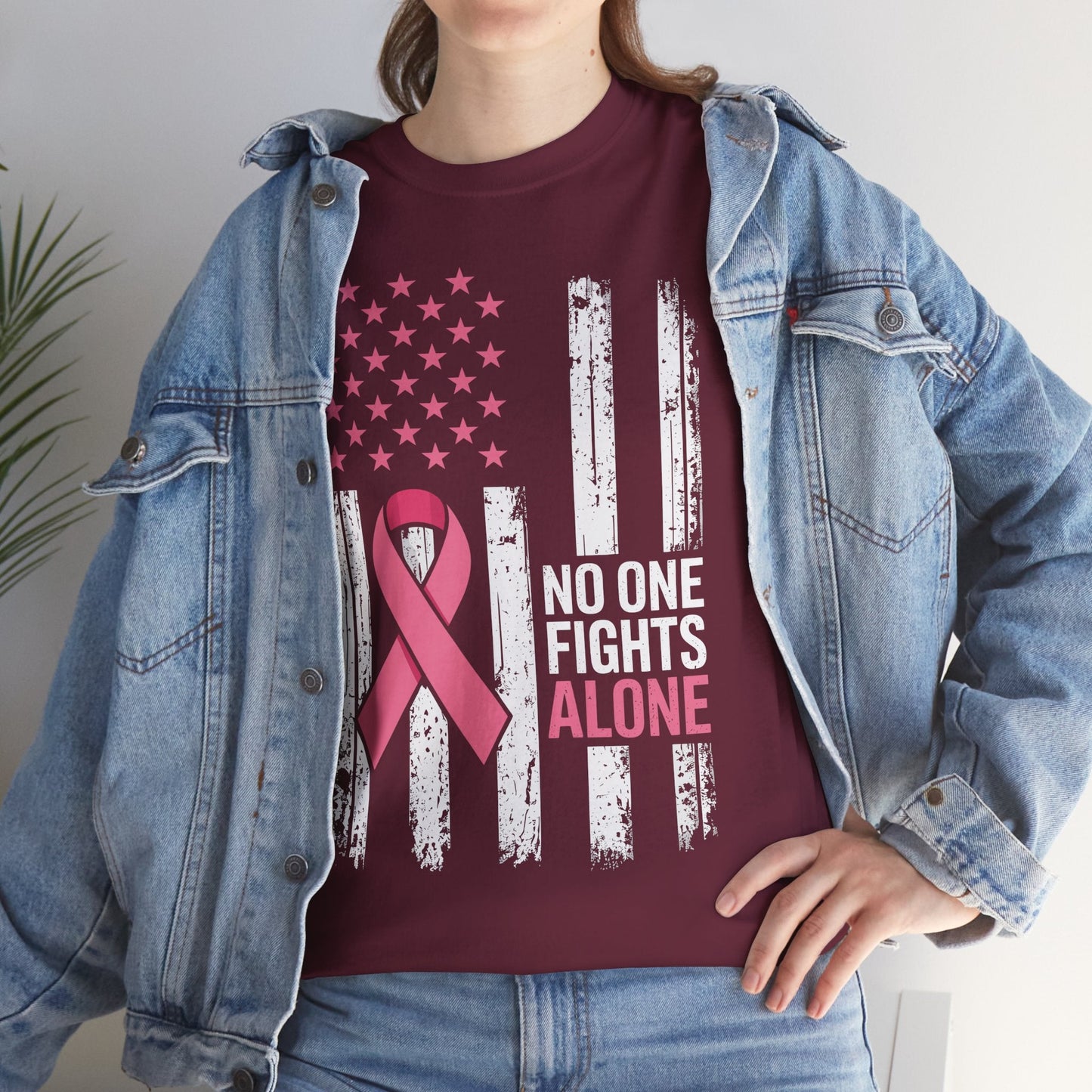 No One Fights Breast Cancer Alone American Flag Pink Ribbon T-Shirt