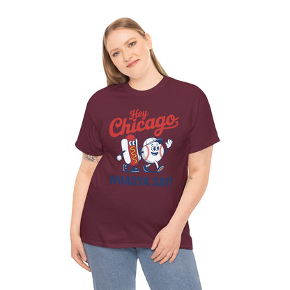 Hey Chicago Whadya Say Baseball and Hot Dog 4th of July Men Women T-Shirt