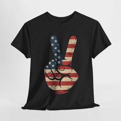 USA Flag Peace Sign Hand 4th of July Patriotic Men Boys T-Shirt