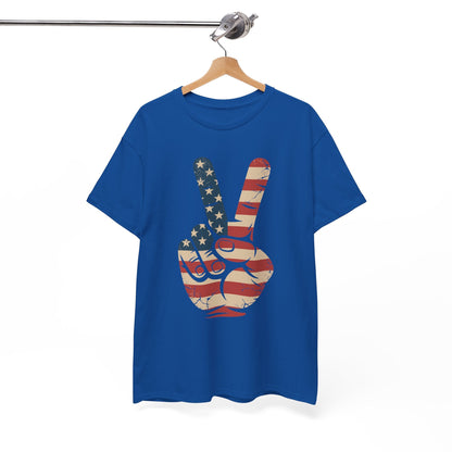 USA Flag Peace Sign Hand 4th of July Patriotic Men Boys T-Shirt
