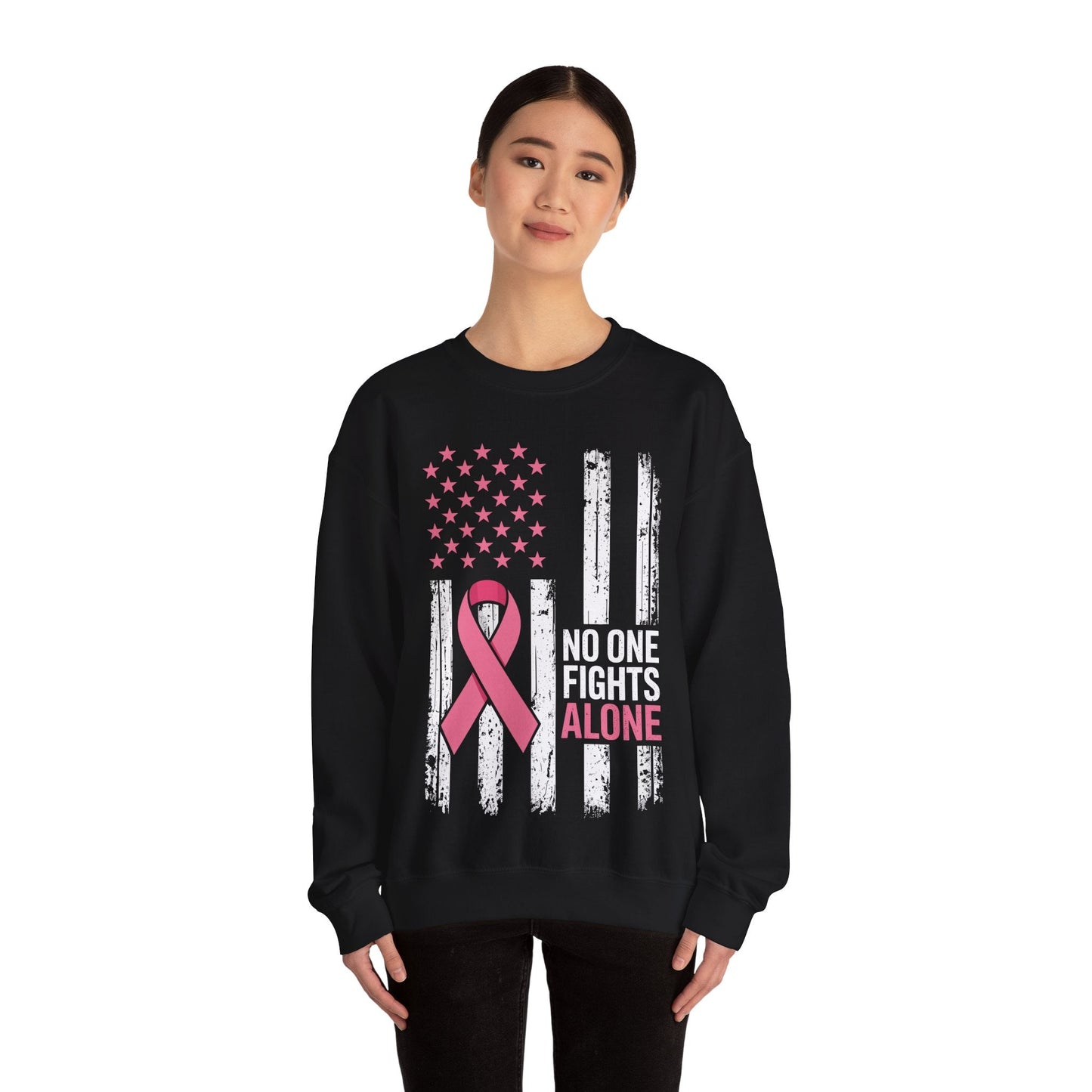No One Fights Breast Cancer Alone American Flag Pink Ribbon Sweatshirt