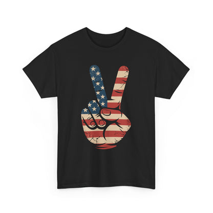 USA Flag Peace Sign Hand 4th of July Patriotic Men Boys T-Shirt