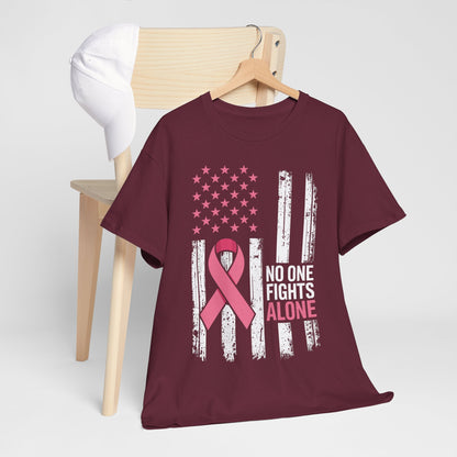 No One Fights Breast Cancer Alone American Flag Pink Ribbon T-Shirt