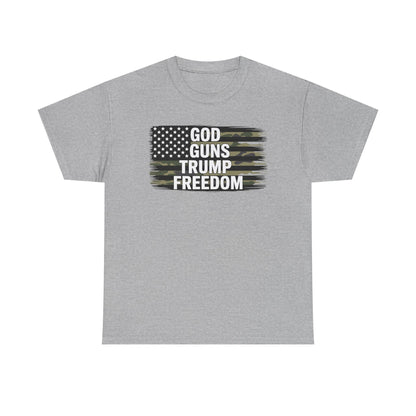 God Guns Trump Freedom Funny Camouflage Pro Gun USA Flag T-Shirt