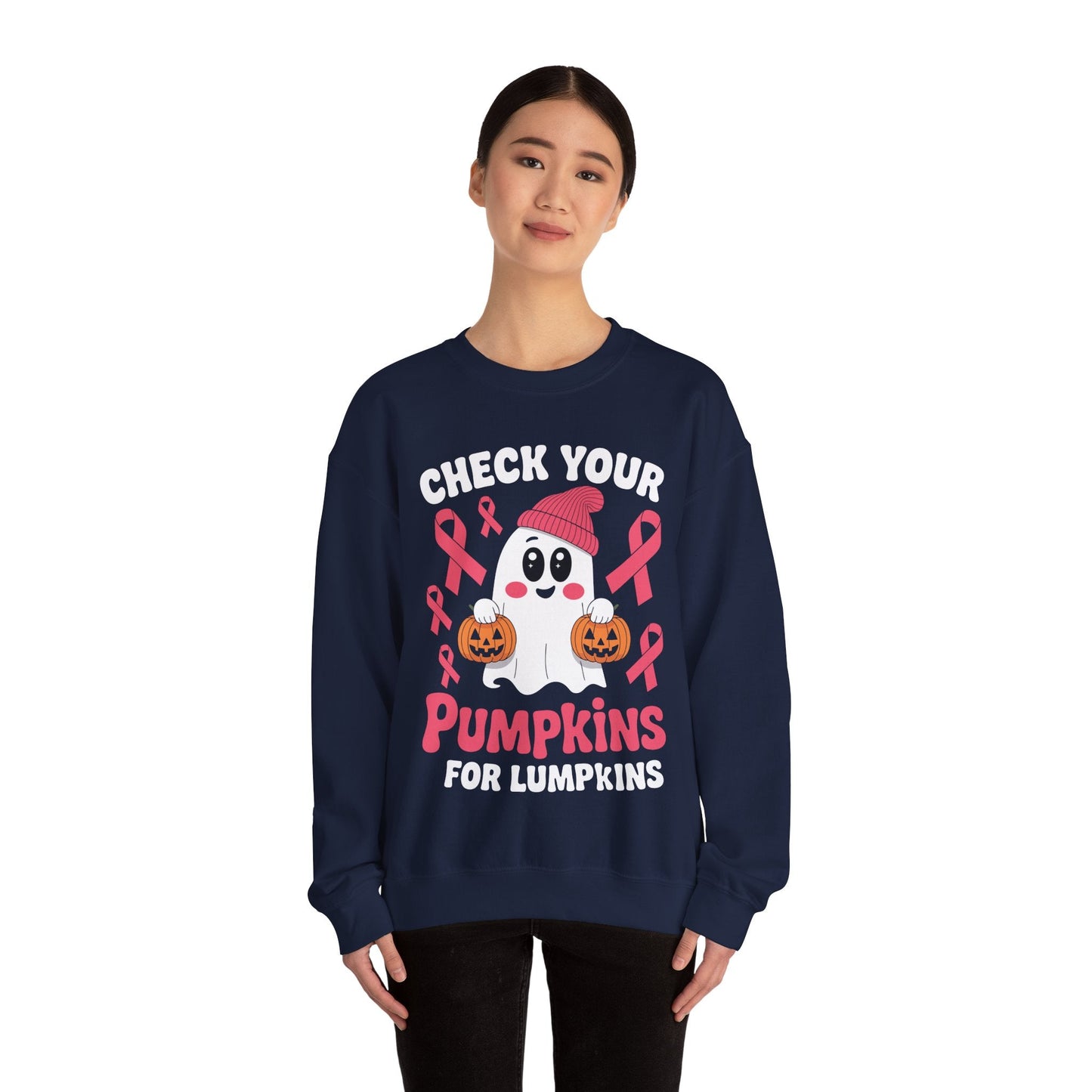 Breast Cancer Halloween Boo Ghost Check Your Pumpkins Womens Sweatshirt
