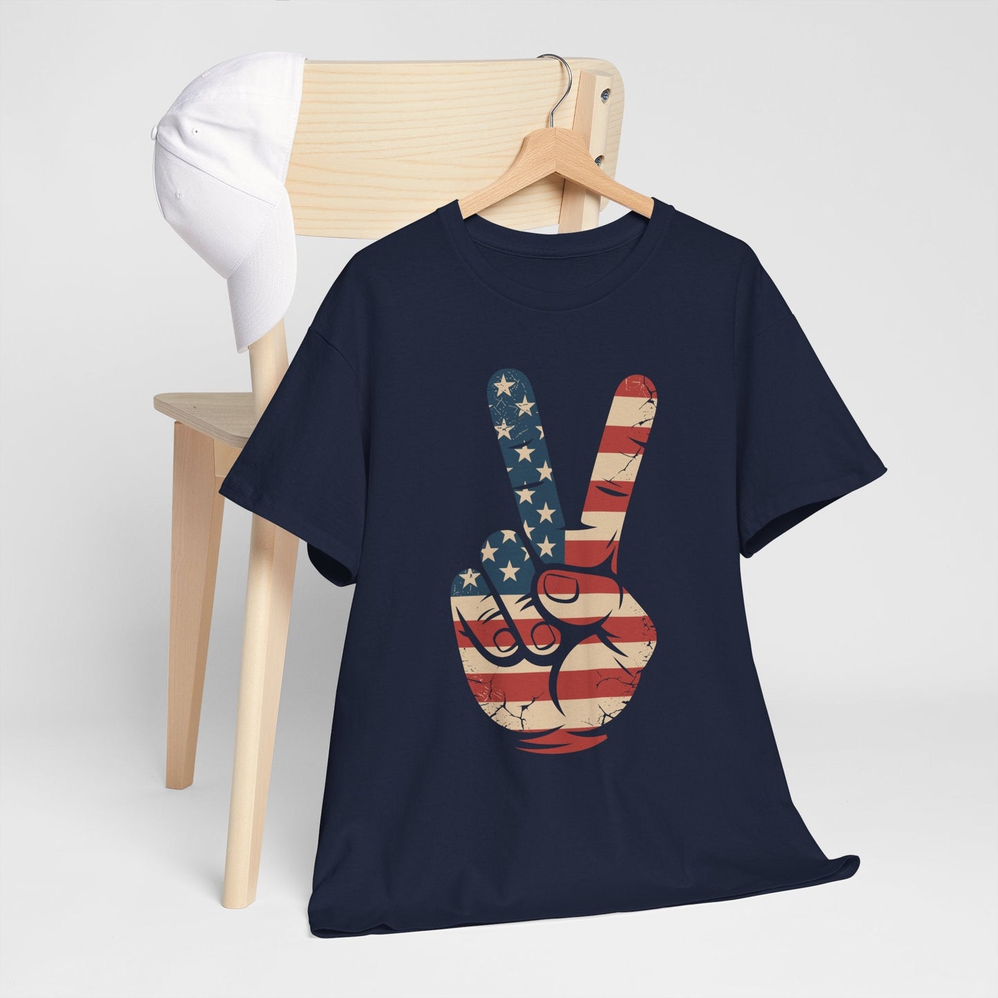 USA Flag Peace Sign Hand 4th of July Patriotic Men Boys T-Shirt