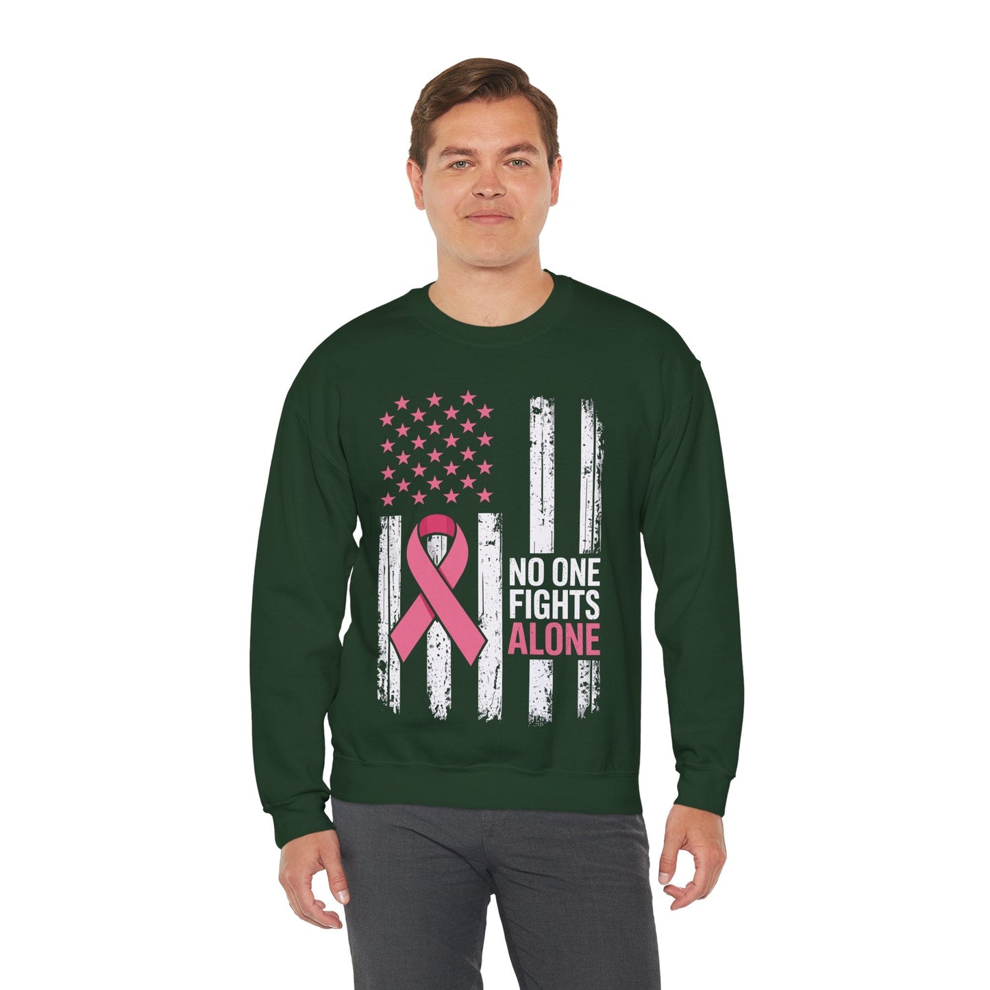 No One Fights Breast Cancer Alone American Flag Pink Ribbon Sweatshirt