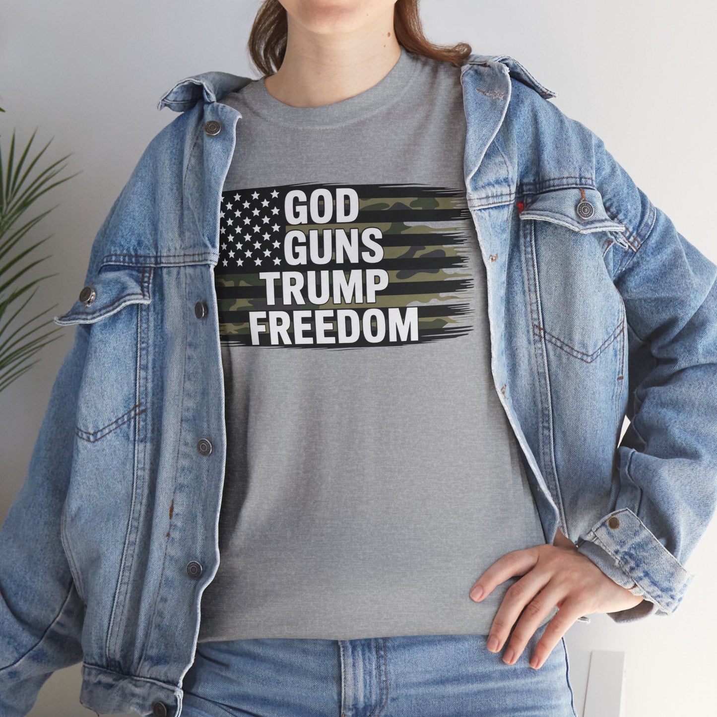 God Guns Trump Freedom Funny Camouflage Pro Gun USA Flag T-Shirt