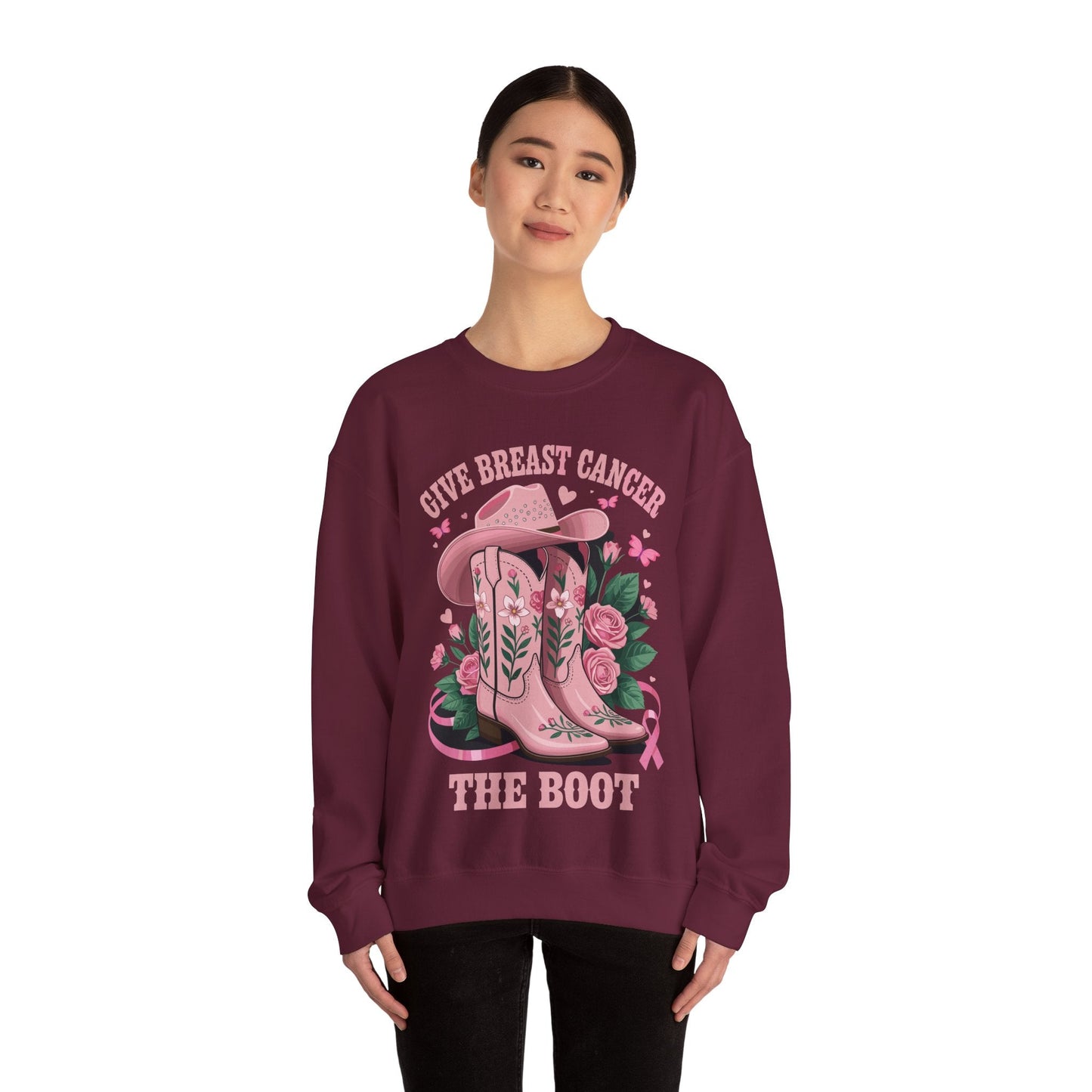 Give Breast Cancer The Boot Cowgirl Cancer Awareness Ribbon Sweatshirt